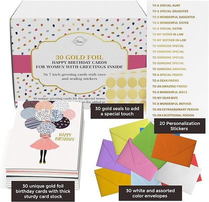 Dessie 30 Unique Gold Foil Birthday Cards for Women with Envelopes, Sealing Stickers and Personalized Gold Foil Lettering. Birthday Cards for Her