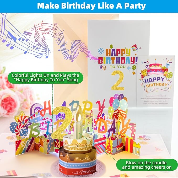 Gumry 2ND Musical Birthday PopUp Card, Blowable Colorful Light Candle 3D Cards with Song, Applause Cheers Sound, Greeting Cards Birthday Gifts Decorations for Daughter Son Turning 2 Years Old