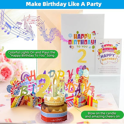 Gumry 2ND Musical Birthday PopUp Card, Blowable Colorful Light Candle 3D Cards with Song, Applause Cheers Sound, Greeting Cards Birthday Gifts Decorations for Daughter Son Turning 2 Years Old