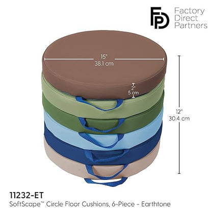 Factory Direct Partners SoftScape 15 inch Round Classroom Floor Cushions with Handles; Flexible Seating for Daycare, Preschool, Playroom; 2 inch Thick Deluxe Foam (6-Piece) - Earthtone, 11232-ET