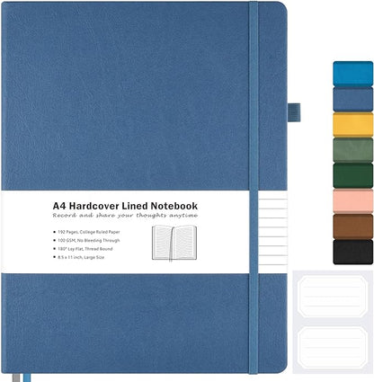College Ruled Notebook, A4 Hardcover Leather Notebook for Work, Lined Notebook Journal for Women, Men, 192 Thick Paper, 8.5" x 11", Large Notebook with Pockets, Professional Business Notebook, Blue