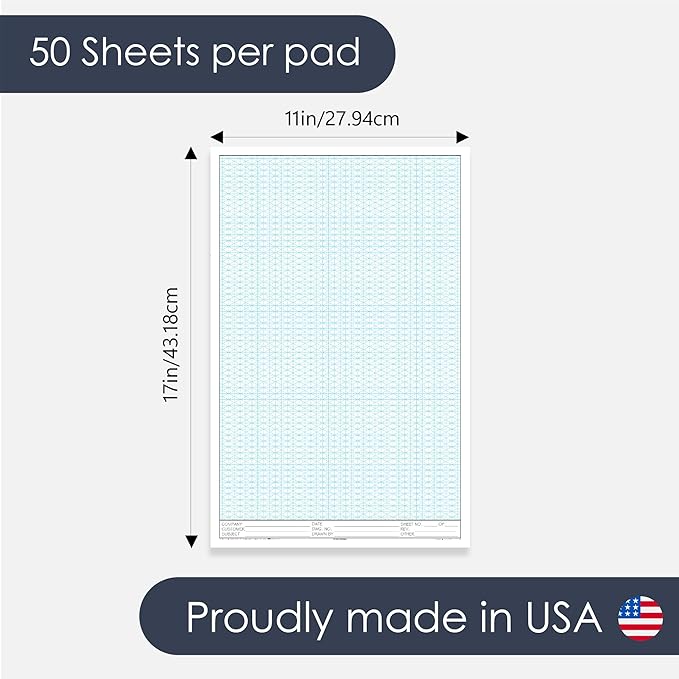 11" x 17" Isometric Graph Paper 50 Sheets Portrait - 0.25" Grid, Non-photo Blue, High Brightness, Drafting, Engineering, Art, 3D Design (3-Pack)