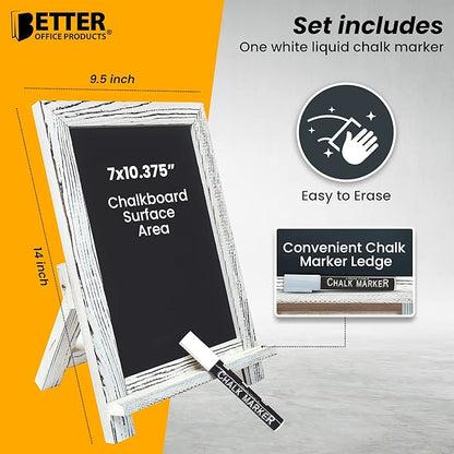 Better Office Products Framed Tabletop Chalkboard Sign, 9.5" x 14", Rustic Wood Frame, Small Magnetic Chalkboard with Built-in Ledge and Folding Stand, One White Chalk Marker Included,(Whitewash)