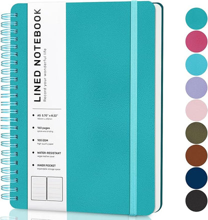 Turquoise Lined Spiral Journal Notebook with 160 Pages, 8×5.7in, A5 Spiral Notebook, Journaling Notebooks for Work, School, Women, Men, College Ruled Spiral Notebook, Hardcover Leather Journals