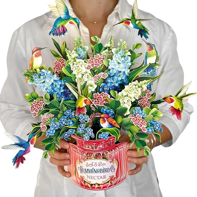 Freshcut Paper Pop Up Cards, Hummingbird Oasis, 12 Inch Life Sized Forever Flower Bouquet 3D Popup Greeting Card, Birthday Cards, Thank You Card, Blank Notecard & Envelope