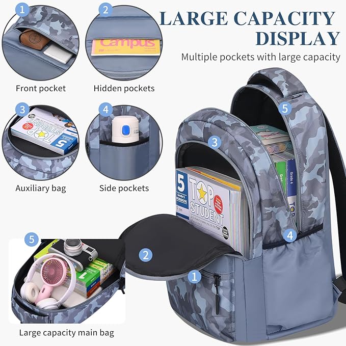 Cute Backpack for School Kids Camouflage Laptop Travel Backpack for Women Men Casual College Teen Bookbag(blue)
