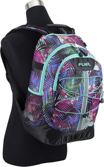 FUEL Hiking Backpack for Women Men Terra Sport, Travel, College, Gym, Work with Laptop Sleeve, Bungee, 18 Inches, Purple Palm Leaves