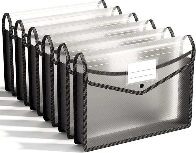 ABC life 6 Pack Plastic Expanding File Folder, Folders for Documents with Snap Closure, Black File Folder Organizer Holder, Transparent Accordion File Pouch,Large Capacity, Fit Letter/A4 Size