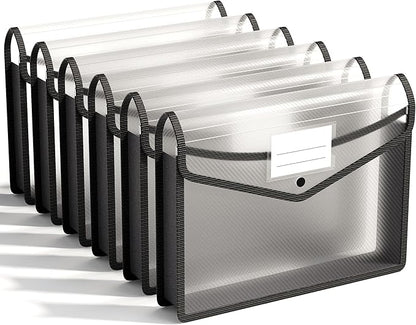 ABC life 6 Pack Plastic Expanding File Folder, Folders for Documents with Snap Closure, Black File Folder Organizer Holder, Transparent Accordion File Pouch,Large Capacity, Fit Letter/A4 Size
