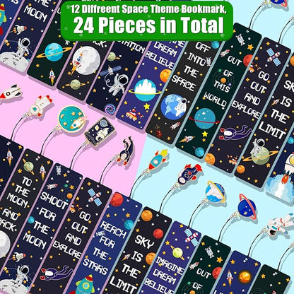 Christmas Space Theme Bookmarks with Metal Charms Planet Rocket Space Ship Theme Bookmarks Inspirational Quotes Bookmarks for Space Christmas Party Favors Gifts Kids Boys Girls Encourage(24 Pieces)