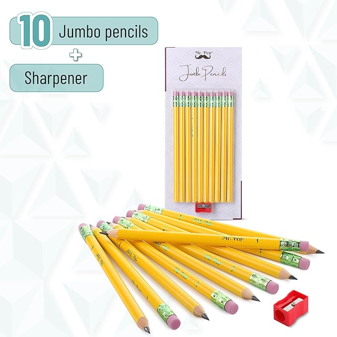 Mr. Pen- Jumbo Pencils, 10 Pencils and 1 Sharpener, Big Pencil, Fat Pencils, Jumbo Pencils for Preschoolers, Fat Pencils for Kindergarten, Thick Pencils, Big Pencils for Preschoolers, Large Pencil.