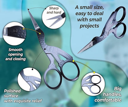 Embroidery Scissors Sewing Sharp Shears Fabric Crafting Scissor for Threading Art Home Crafts, Office Work, Stainless Steel Vintage Stork Style Safety Needlework Cross-Stitch Tailor Scissors