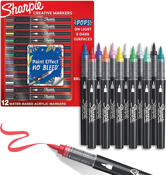 Sharpie Creative Paint-like Brush Tip Acrylic Markers, Assorted Colors, 12 Count, Perfect for Art and Craft Supplies