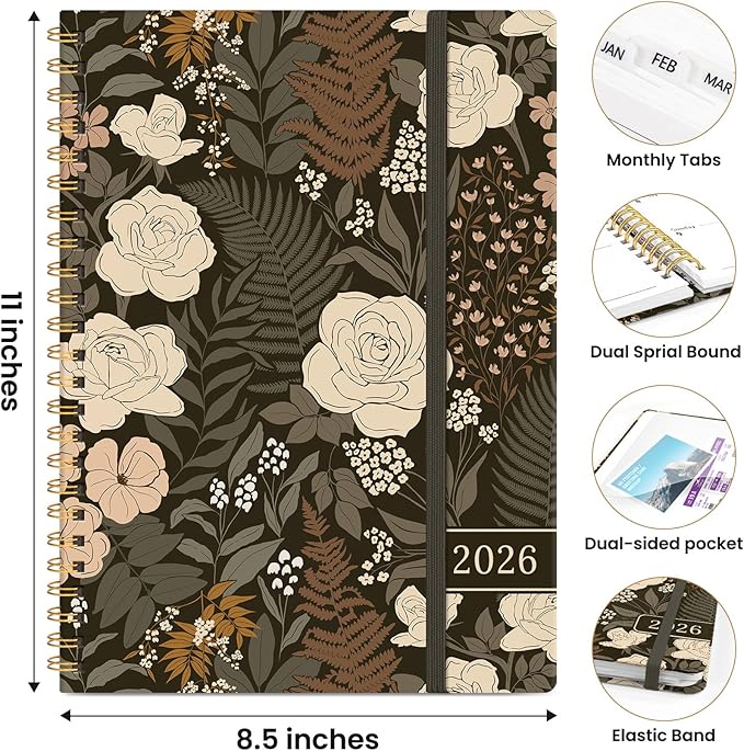 2026 Planner, Weekly and Monthly Planner for Women, January 2026 to December 2026, Pretty Hardcover 2026 Calendar Planner Book with Tabs, Inner Pocket, Spiral Bound, Perfect Office Home School Supplies - 8.5" x 11", Wild Rose