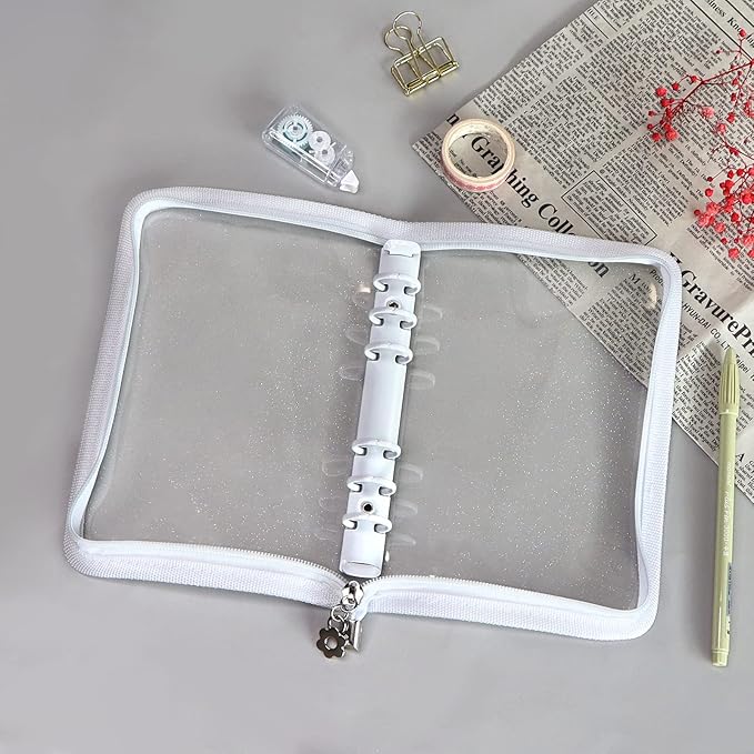 Multibey A5 Binder Cover Clear Soft PVC 6-Ring Binder Budget Evelopes System with Zipper Planner Organizer Refillable Notebook Journal Binder (White, A6)