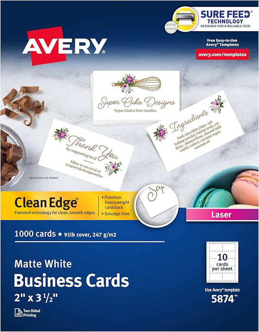 Avery Clean Edge Printable Business Cards with Sure Feed Technology, 2" x 3.5", White, 1,000 Blank Cards for Laser Printers (5874)