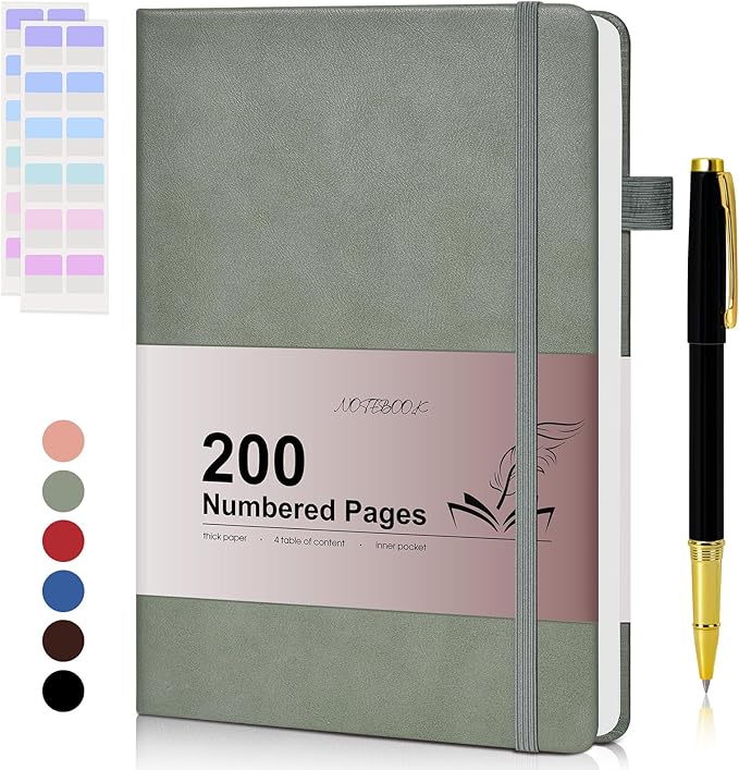 Lined Journal Notebook for Men Women, 200 Numbered Pages Leather Hardcover Journal with Pen, A5 Journaling Notebooks, Thick Paper College Ruled Journals for Writing Work Business 5.75'' X 8.38'' Green