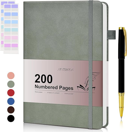 Lined Journal Notebook for Men Women, 200 Numbered Pages Leather Hardcover Journal with Pen, A5 Journaling Notebooks, Thick Paper College Ruled Journals for Writing Work Business 5.75'' X 8.38'' Green