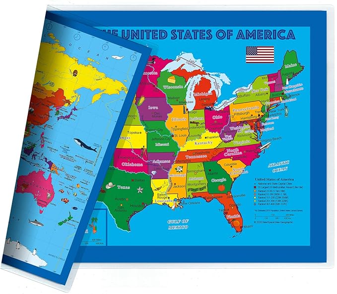 2-Sided Desk Map with Durable Lamination (1 Desk Map: Children's US Map/Europe Centered World Map)