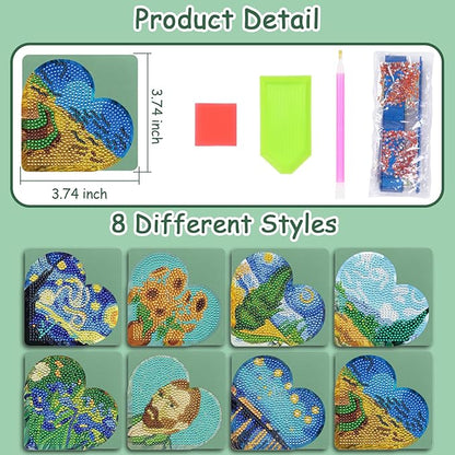 Anseal 8 Pcs Heart Diamond Art Painting Bookmark, DIY Diamond Art Bookmarks for Book Lovers for Kids Adults (Van Gogh Oil Painting Art Style)