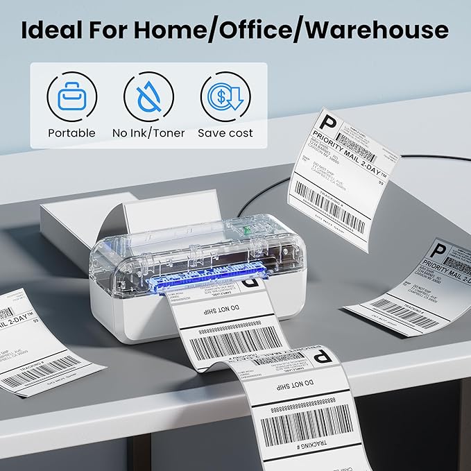 Bluetooth Thermal Label Printer, Shipping Label Printer for 4x6 Shipping Packages & Small Business, Compatible with IOS, Android, Windows and Mac, Widely Used for Ebay, Amazon, Shopify, USPS (White)