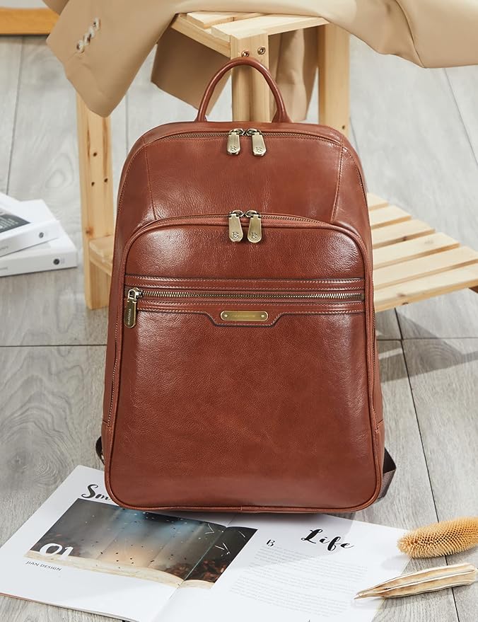 BOSTANTEN Men Leather Backpack, Vegetable Tanned Full Grain Leather 15.6 Inch Computer Backpack Business Work Daypack Vintage Travel Bags Redbrown