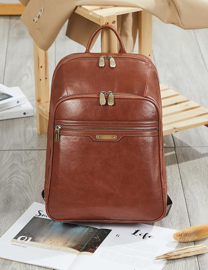 BOSTANTEN Men Leather Backpack, Vegetable Tanned Full Grain Leather 15.6 Inch Computer Backpack Business Work Daypack Vintage Travel Bags Redbrown