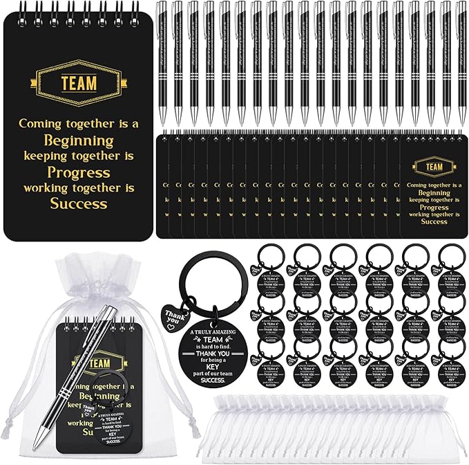 Fulmoon 80 Pcs Employee Appreciation Gifts Set Include Notepad Pen Thank You Keychain Organza Bag, Going Away Retirement Birthday Christmas Team Gift for Member Coworker Staff(Black)