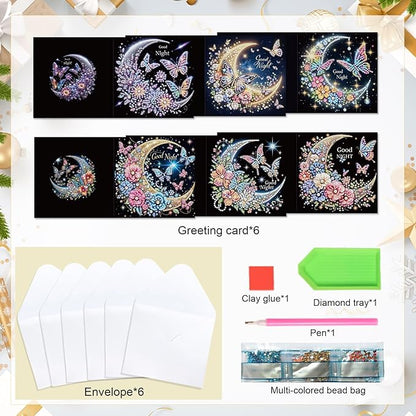 6 Pcs 5D Rhinestone Painting Greeting Cards Kits, Handmade Festival Greeting Cards with Envelopes Holographic Shimmer Design DIY Diamond Art Crafts Birthday Cards for Adults (Butterfly Moon)