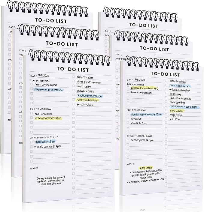 To Do List Notepad 6 Pack: Has Multiple Functional Sections - 5.2 x 8" 35 Sheets - Spiral Daily Planner Notebook - Task CheckList Organizer Agenda Pad for Work, Note and Todo Organization