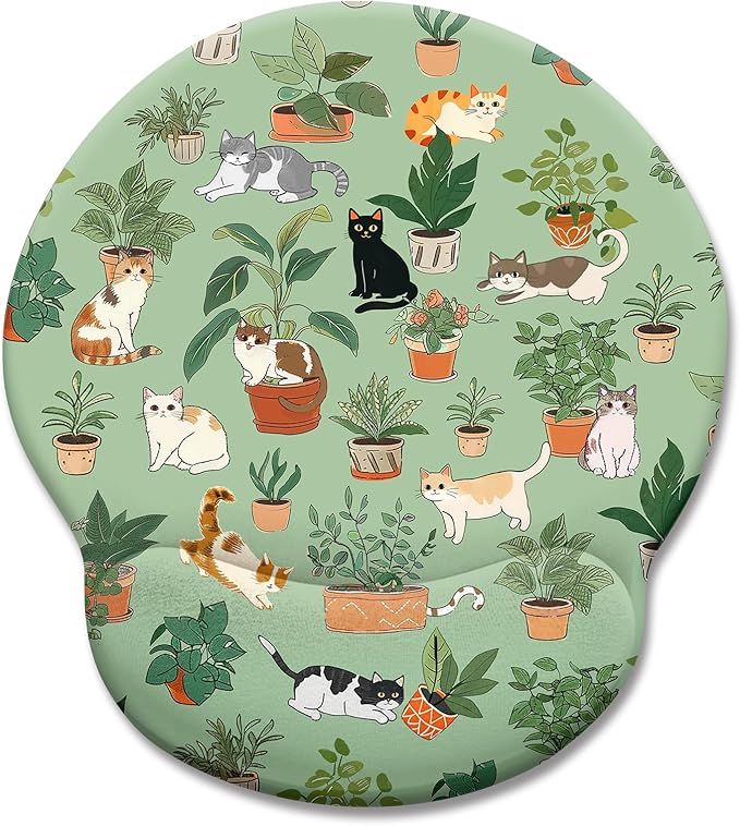Cat Ergonomic Mouse Pad with Wrist Rest, Green Computer Mouse Pad Wrist Support with Non-Slip Pain Relief PU Base, Funny Mouse Pads for Desk Work, Cute Cat Office Desk Decor Accessories
