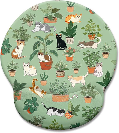 Cat Ergonomic Mouse Pad with Wrist Rest, Green Computer Mouse Pad Wrist Support with Non-Slip Pain Relief PU Base, Funny Mouse Pads for Desk Work, Cute Cat Office Desk Decor Accessories