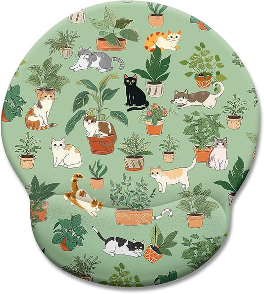 Cat Ergonomic Mouse Pad with Wrist Rest, Green Computer Mouse Pad Wrist Support with Non-Slip Pain Relief PU Base, Funny Mouse Pads for Desk Work, Cute Cat Office Desk Decor Accessories
