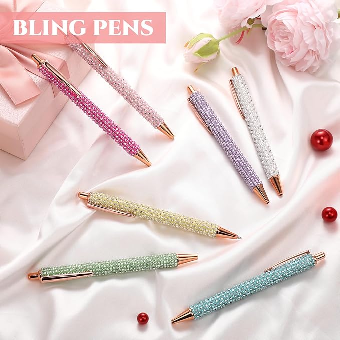 Sherr 7 Pcs Fancy Pens for Women Cute Sparkly Glitter Pens with 10 Pcs Black Ink Refills Pretty Gifts for Girls Office School Christmas Graduation(Mixed Color,Pearl)
