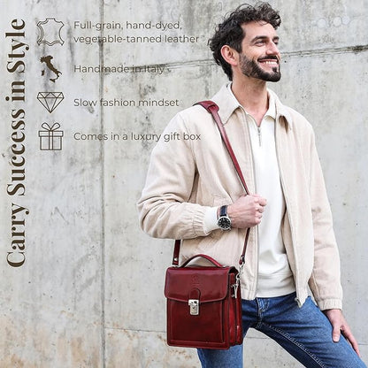 Time Resistance Small Leather Briefcase for Men - Crossbody Bag - Italian Leather Messenger Bag - Gift Box Included