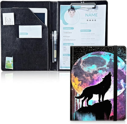 Padfolio Folder with Clipboard,Portfolios Organizer Clipboards with Storage Clipboard Writing Pad PU Leather Conference Document Organizer with Business Card Holder,Moon Wolf