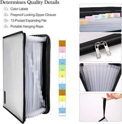 ENGPOW Expanding File Folder Important Document Organizer Fireproof and Waterproof Document Bag with A4 Size 13 Pockets Zipper Closure Non-Itchy Silicone Coated Portable Filing Wallet Pouch(Silver)