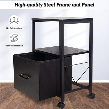 2 Tier Metal Mobile Under Desk Home Printer Stand with Storage Drawer Small File Cabinet for Home Office with Wheels Printer Tables for Small Spaces, Black