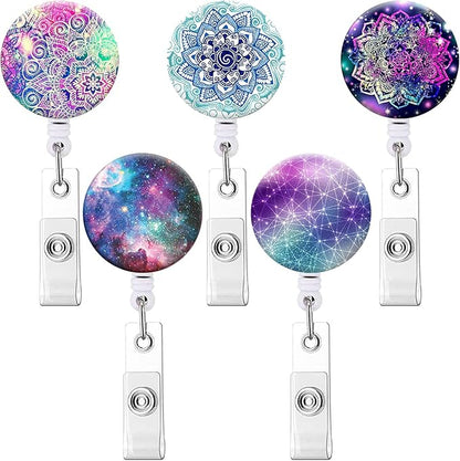Retractable ID Badge Holder Nurse Badge Reels with Clip Name Card Holders for Office Worker Doctor Nurse (5 Pack Mandala Starry Sky)