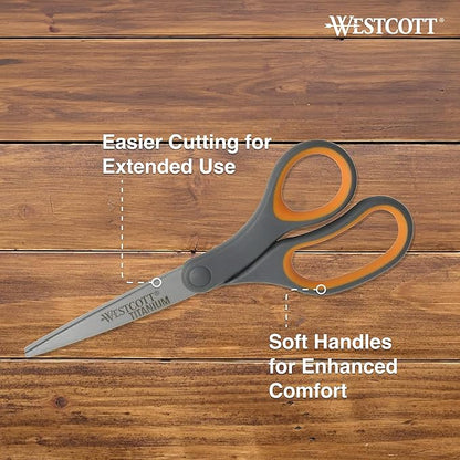 Westcott Titanium Bonded Scissors, Soft Handle, 8", Straight, Gray/Yellow, 6-Pack