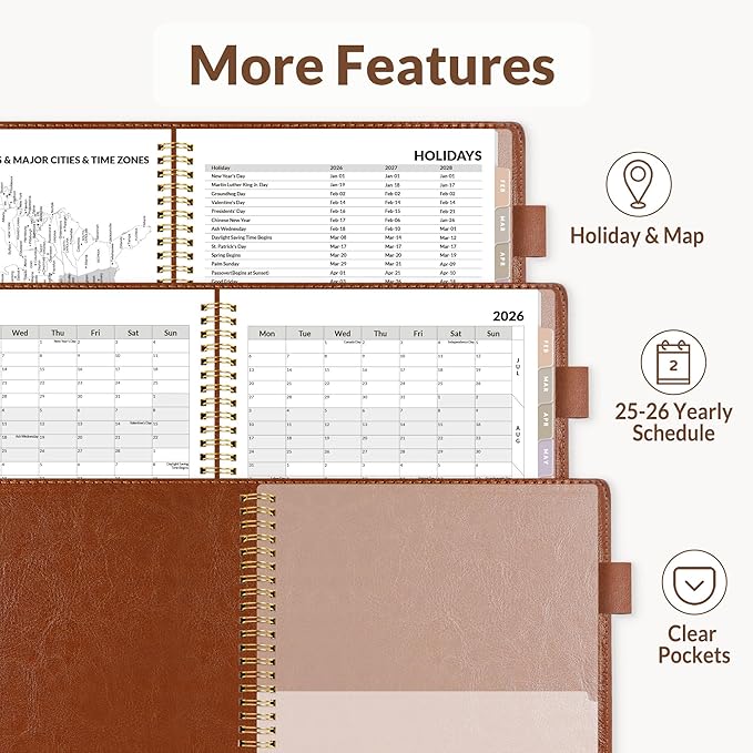 SUNEE 2026 Weekly & Monthly Planner 6.4"x8.5"- 12 Month (January 2026 - December 2026), Vegan Leather Cover, Pocket, Bookmark, Notes, Monthly Tab, Brown