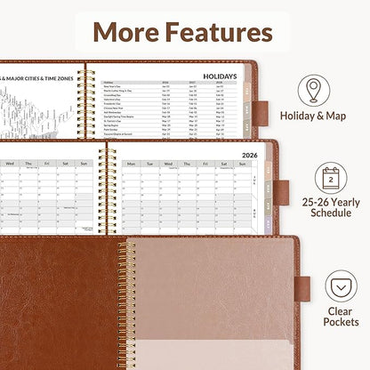 SUNEE 2026 Weekly & Monthly Planner 6.4"x8.5"- 12 Month (January 2026 - December 2026), Vegan Leather Cover, Pocket, Bookmark, Notes, Monthly Tab, Brown