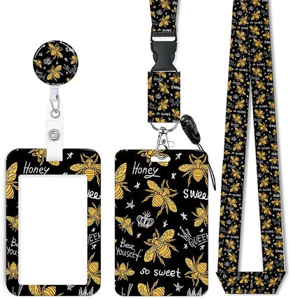 ID Badge Holder with Retractable Lanyard and Keychain, Badge Reel with Rotate Carabiner Clip,Honey Bee Card Name Tag Lanyard ID Protector Bage Clips for Student, Women, Office