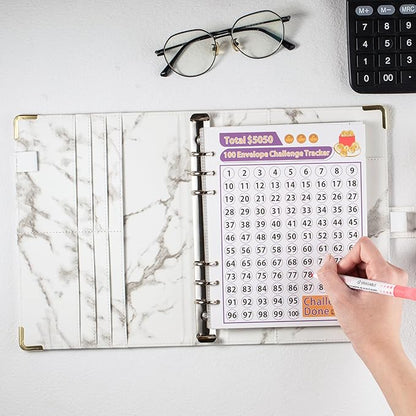 ATkits 100 Envelopes Challenge Binder Savings Challenges Book, A5 Money Saving Planner Cash Envelope Budget Binder with Erasable Pen, Easy and Fun Way to Save $5,050, 10,000 and $500 (Marble White)