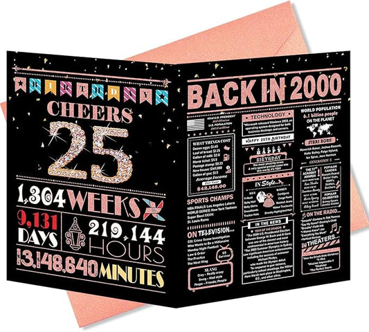 25th Birthday Card, 25th Birthday Decorations for Her, 25th Birthday Gifts for Daughter, Back in 2000 Birthday Card, Rose Gold
