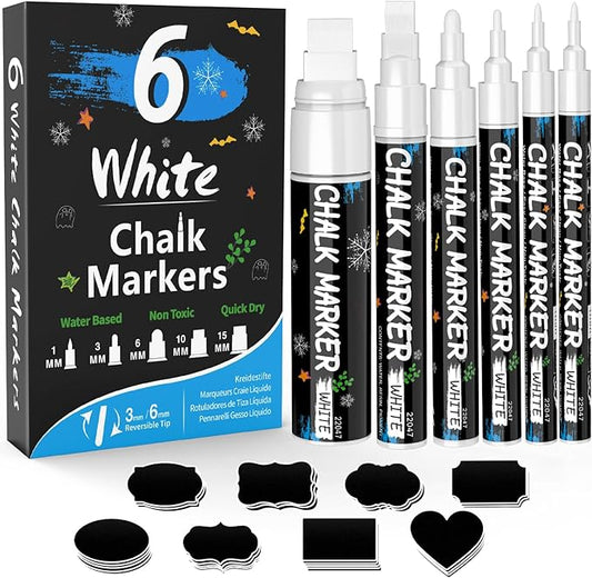 White Window Chalk Markers Pen: 6 Pack White Glass Marker, Liquid Chalk Marker for Chalkboard Signs, Car Window Paint Marker Pen for Bistro, Jars, Erasable, Non-Toxic, 5 Nib Sizes (1, 3, 6, 10, 15mm)