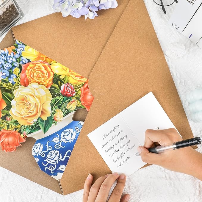 Pop Up Cards,Yellow Orange Roses,12 Inch Forever Flower Bouquet 3D Popup Greeting Cards With Blank Note Card and Envelope,Perfect For Birthday, Christmas, Thanksgiving Day,Mother's Day Gifts