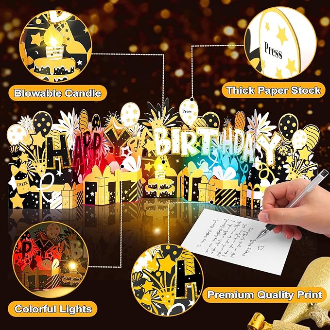 Birthday Card, Pop Up Musical Birthday Cards w Light,Blow Out Candle & Play Happy Birthday Music Card,Greeting Cards Gifts for Women Men Him Her