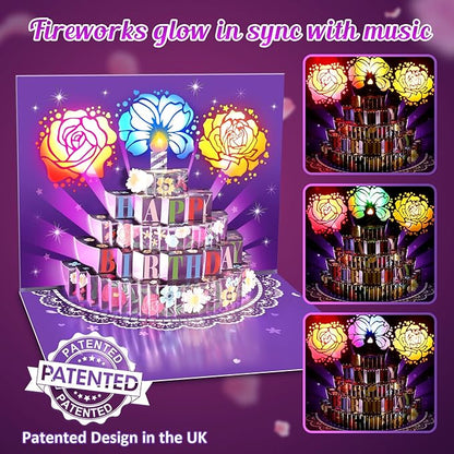 Birthday Cards Birthday Gifts for Women Flowers Fireworks Pop Up Cake Light and Music Happy Birthday Card