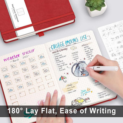 AHGXG Bullet Dotted Journal - 320 Numbered Pages Dot Grid Notebook A5 Thick Journal, 100gsm Thick Dotted Paper, Leather Hardcover,Inner Pocket, 5.75'' × 8.38'' - Red